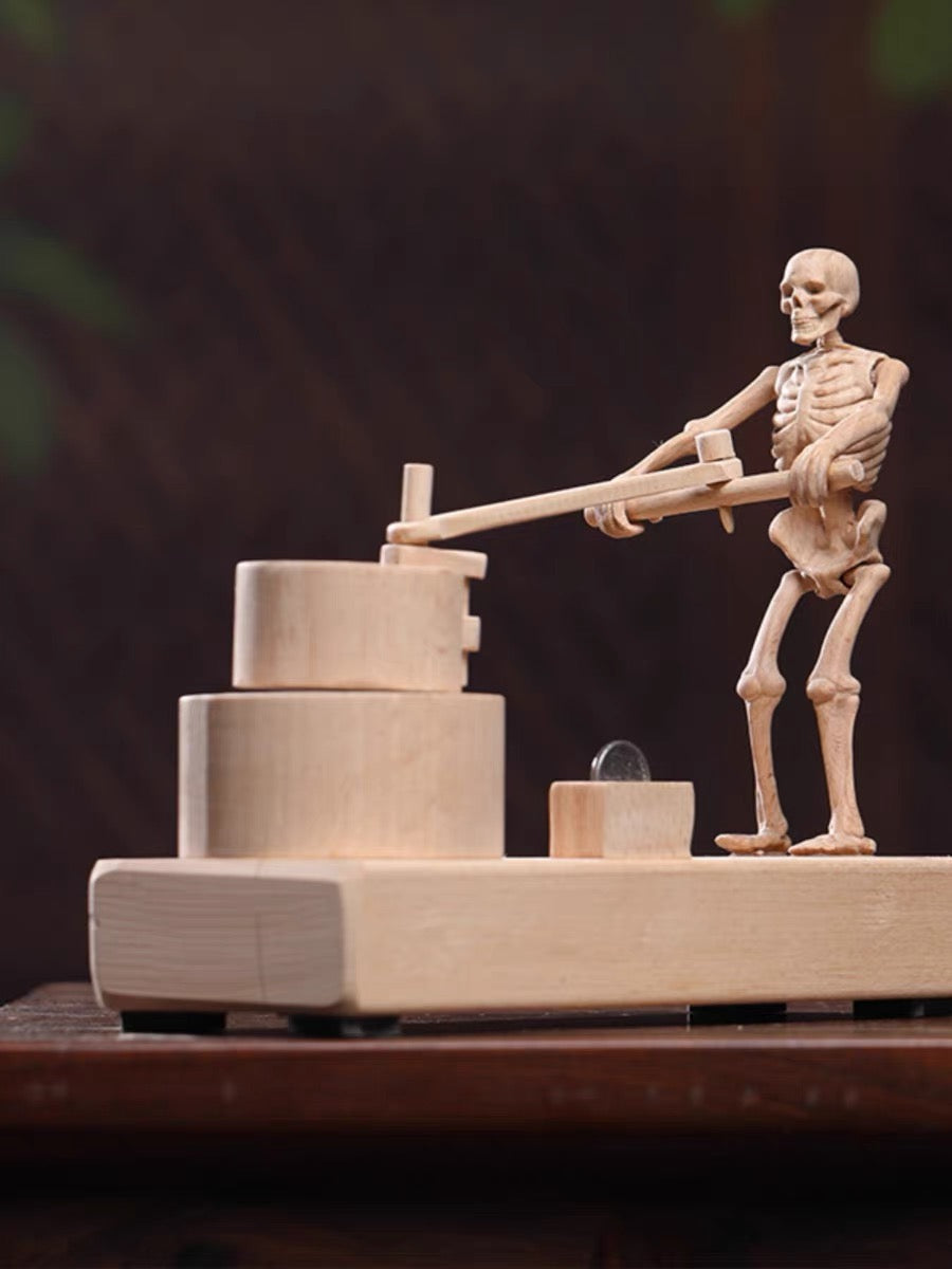 Wooden Skeleton Automaton Grinding Mill - Wooden Mechanical Toy - Fortune Turns - Money talks - Mike Uncle