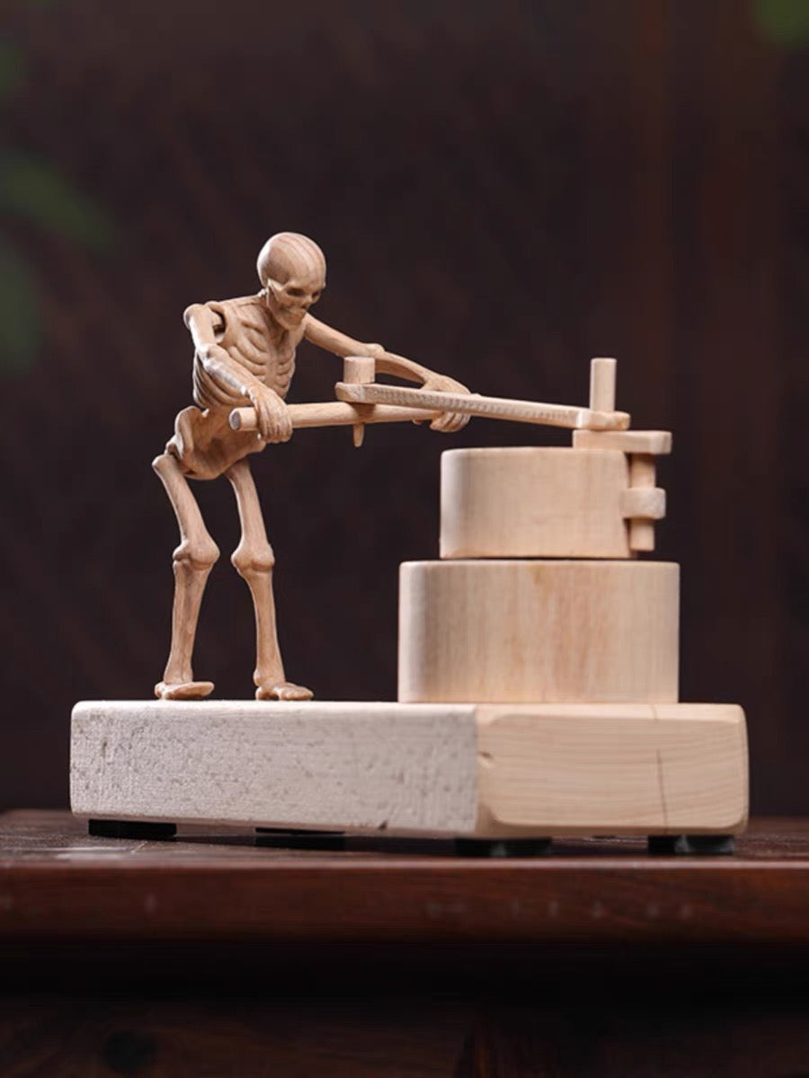 Wooden Skeleton Automaton Grinding Mill - Wooden Mechanical Toy - Fortune Turns - Money talks - Mike Uncle
