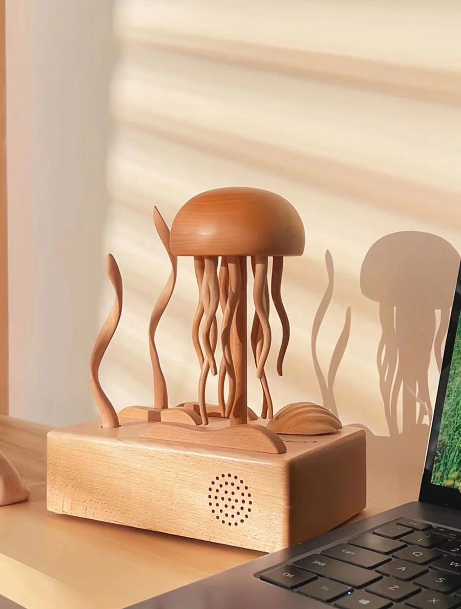 Boîte à musique mécanique en bois en forme de méduse avec haut-parleur Bluetooth