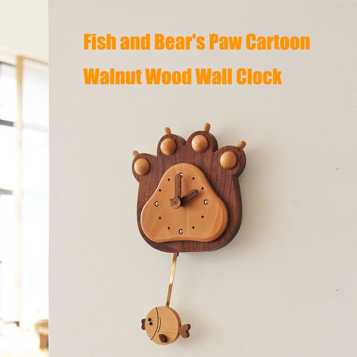 Cartoon Wall Clock with Fish and Bear Paw Design, Made of Walnut Wood - Mike Uncle