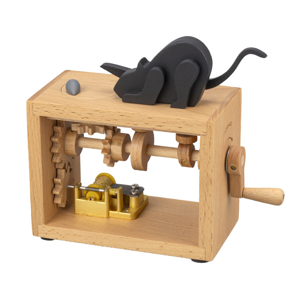 Mouse teasing cat hand-crank Wooden Music box