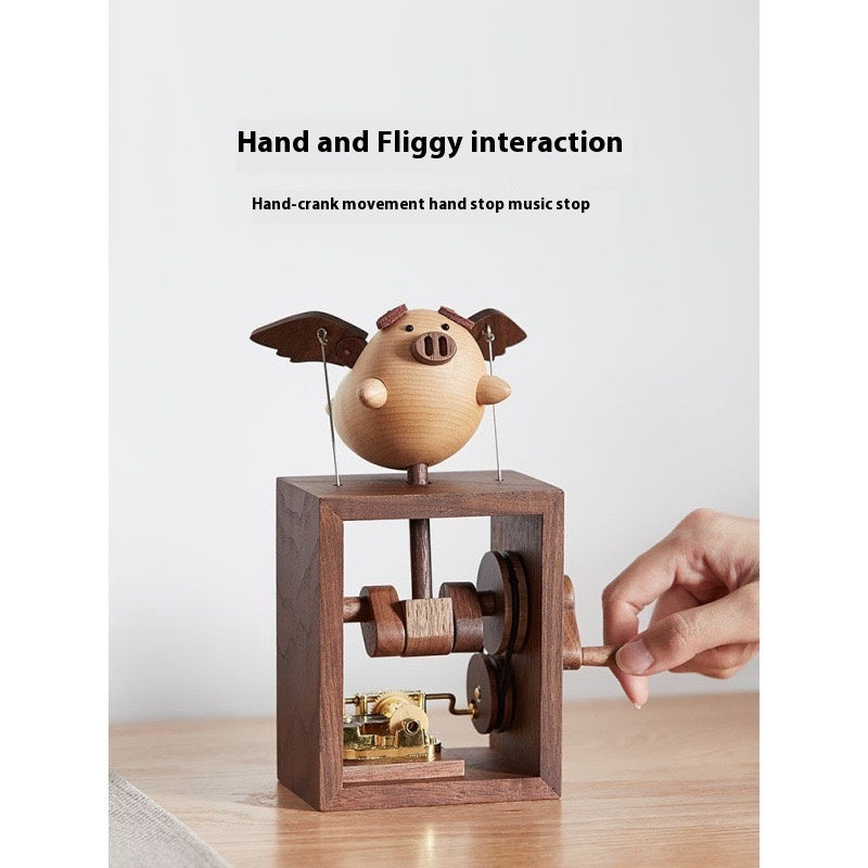 Flying Pig Hand-Cranked Wooden Music Box