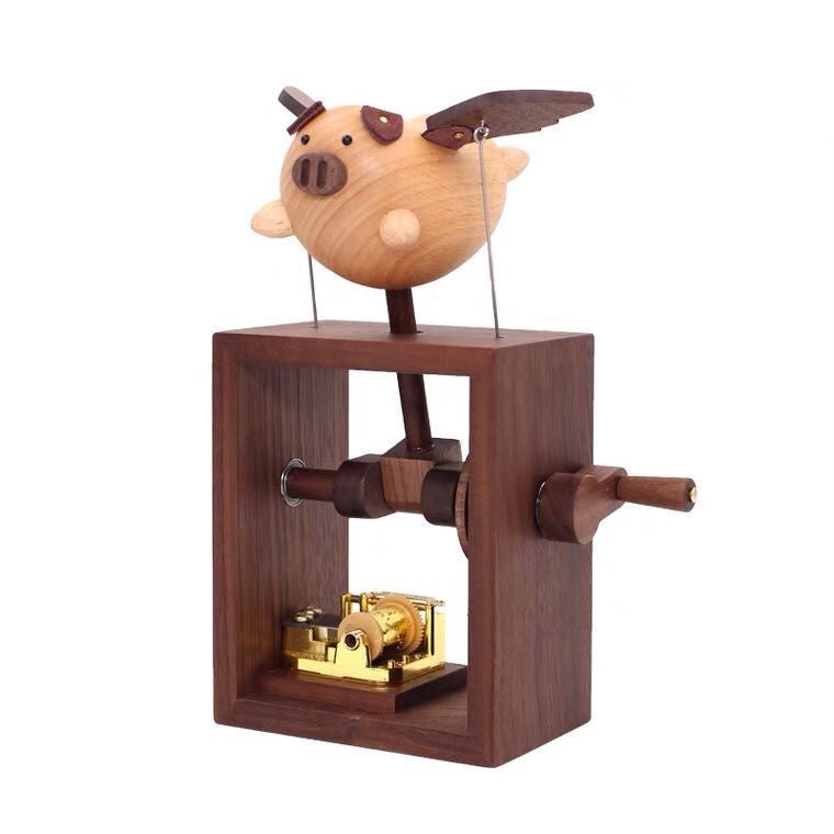 Flying Pig Hand-Cranked Wooden Music Box